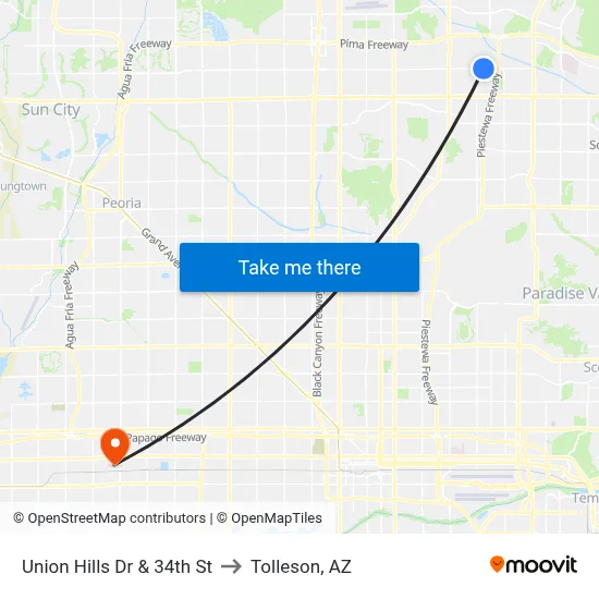 Union Hills Dr & 34th St to Tolleson, AZ map