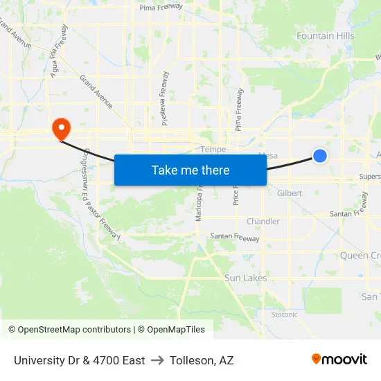 University Dr & 4700 East to Tolleson, AZ map