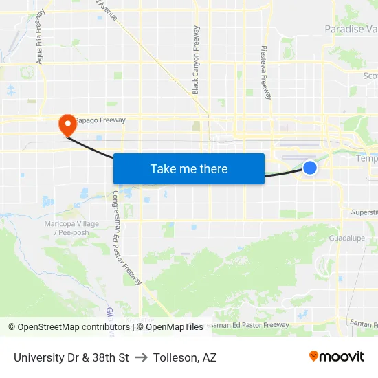 University Dr & 38th St to Tolleson, AZ map