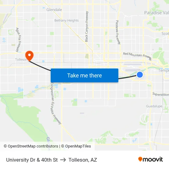 University Dr & 40th St to Tolleson, AZ map