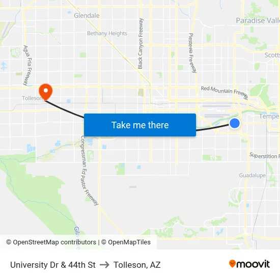 University Dr & 44th St to Tolleson, AZ map