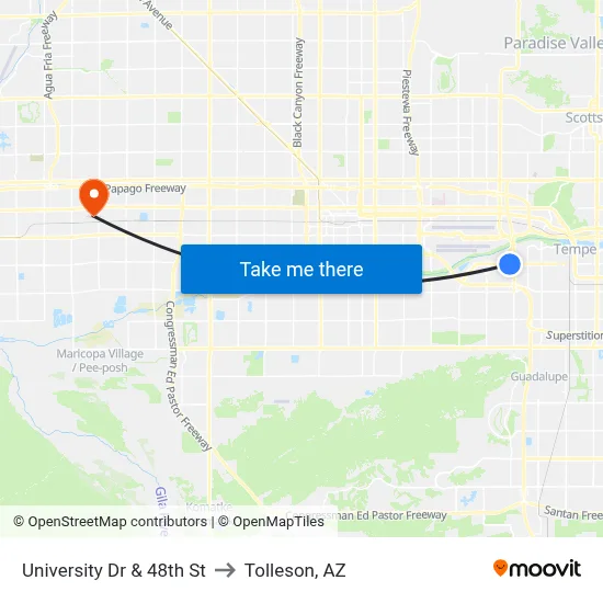 University Dr & 48th St to Tolleson, AZ map