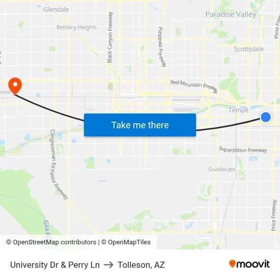 University Dr & Perry Ln to Tolleson, AZ map