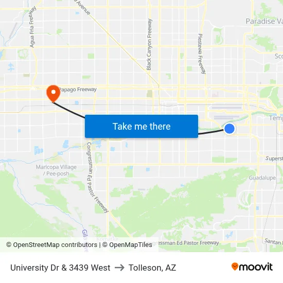 University Dr & 3439 West to Tolleson, AZ map