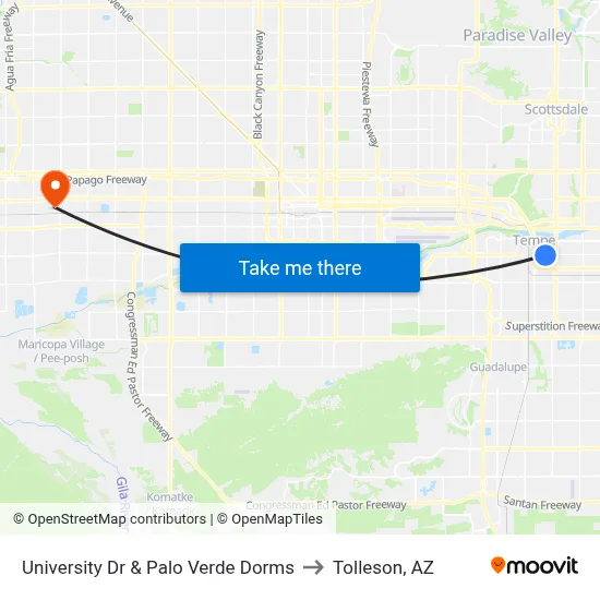 University Dr & Palo Verde Dorms to Tolleson, AZ map