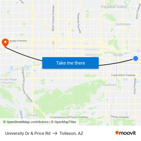 University Dr & Price Rd to Tolleson, AZ map
