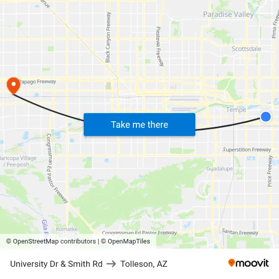 University Dr & Smith Rd to Tolleson, AZ map