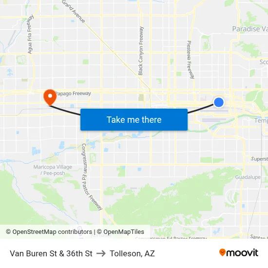 Van Buren St & 36th St to Tolleson, AZ map