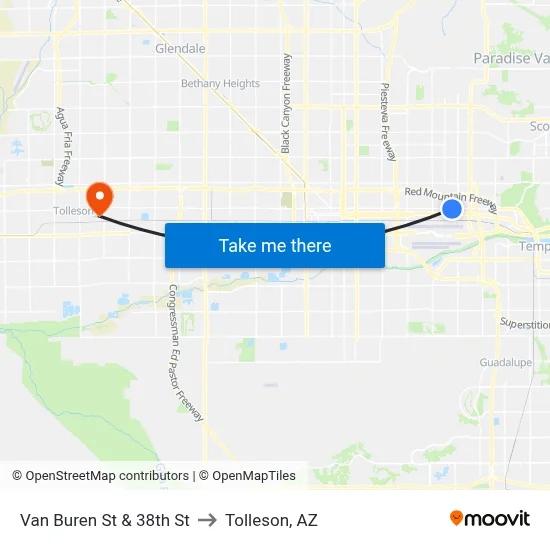 Van Buren St & 38th St to Tolleson, AZ map