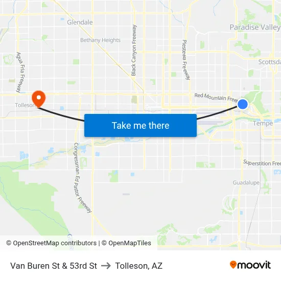Van Buren St & 53rd St to Tolleson, AZ map