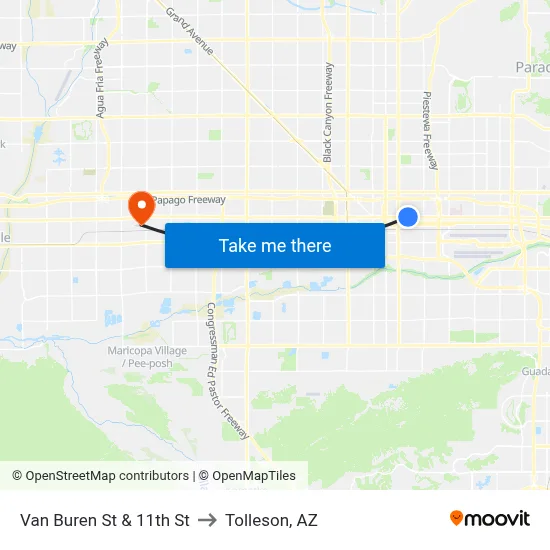 Van Buren St & 11th St to Tolleson, AZ map