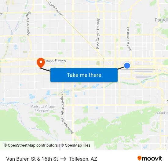 Van Buren St & 16th St to Tolleson, AZ map