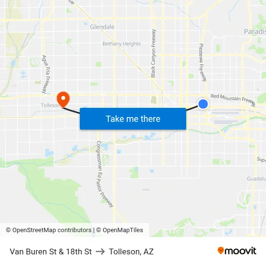 Van Buren St & 18th St to Tolleson, AZ map