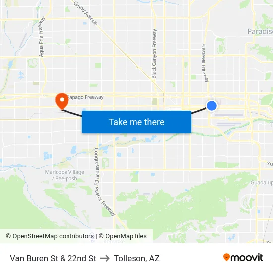 Van Buren St & 22nd St to Tolleson, AZ map