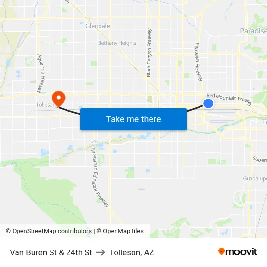 Van Buren St & 24th St to Tolleson, AZ map