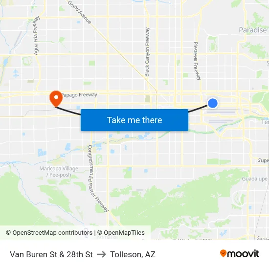 Van Buren St & 28th St to Tolleson, AZ map