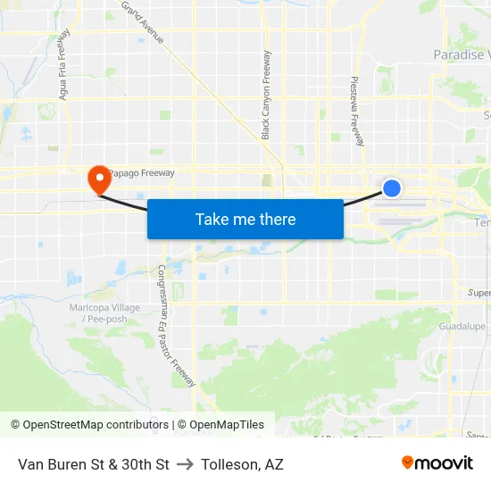 Van Buren St & 30th St to Tolleson, AZ map