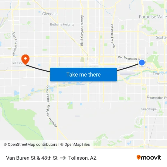 Van Buren St & 48th St to Tolleson, AZ map