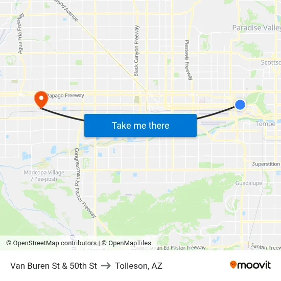 Van Buren St & 50th St to Tolleson, AZ map