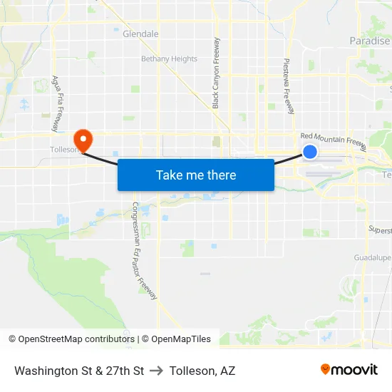 Washington St & 27th St to Tolleson, AZ map