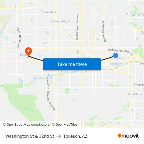 Washington St & 32nd St to Tolleson, AZ map