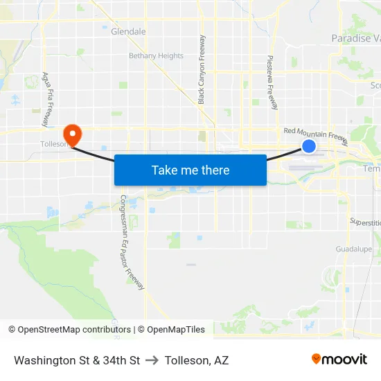 Washington St & 34th St to Tolleson, AZ map