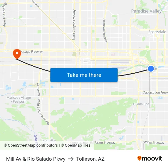 Mill Av & Rio Salado Pkwy to Tolleson, AZ map