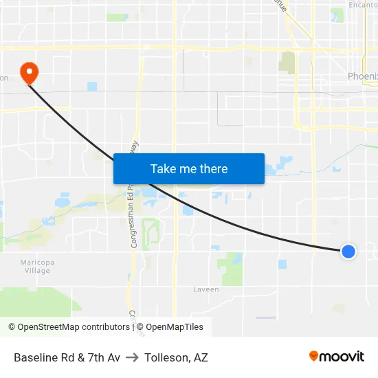 Baseline Rd & 7th Av to Tolleson, AZ map