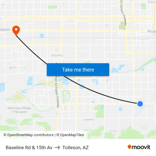 Baseline Rd & 15th Av to Tolleson, AZ map
