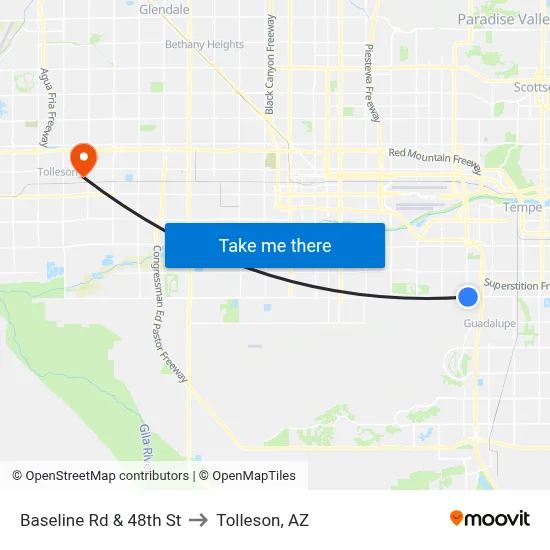 Baseline Rd & 48th St to Tolleson, AZ map