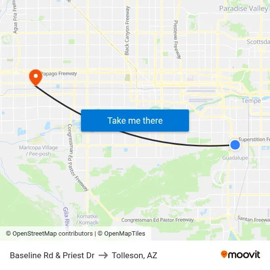 Baseline Rd & Priest Dr to Tolleson, AZ map