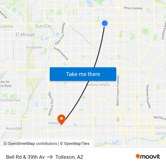 Bell Rd & 39th Av to Tolleson, AZ map