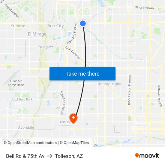 Bell Rd & 75th Av to Tolleson, AZ map