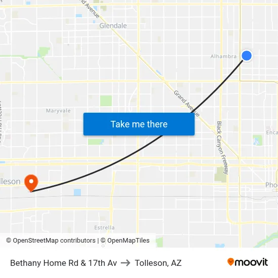 Bethany Home Rd & 17th Av to Tolleson, AZ map