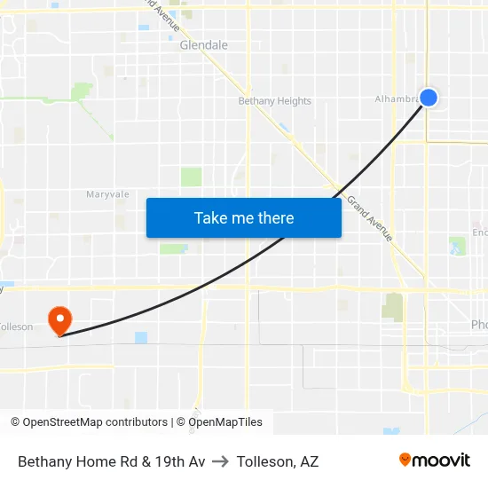 Bethany Home Rd & 19th Av to Tolleson, AZ map