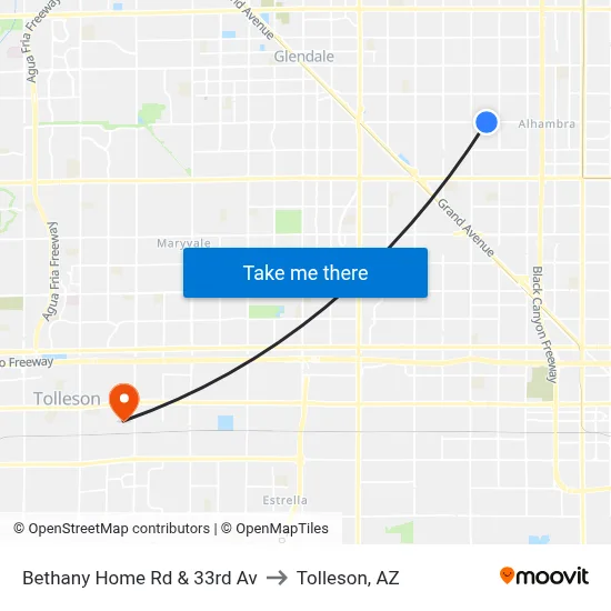 Bethany Home Rd & 33rd Av to Tolleson, AZ map