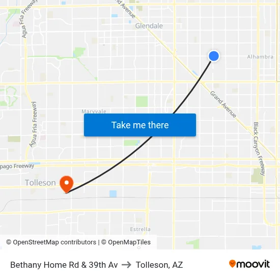 Bethany Home Rd & 39th Av to Tolleson, AZ map