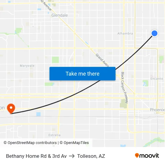 Bethany Home Rd & 3rd Av to Tolleson, AZ map