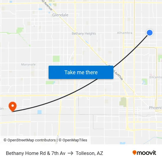 Bethany Home Rd & 7th Av to Tolleson, AZ map