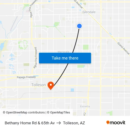Bethany Home Rd & 65th Av to Tolleson, AZ map