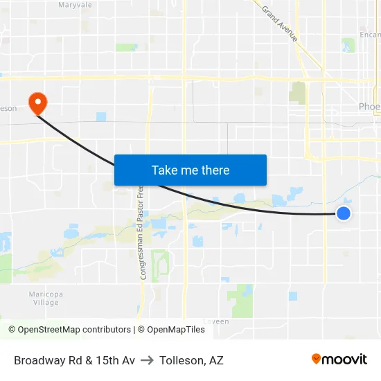 Broadway Rd & 15th Av to Tolleson, AZ map