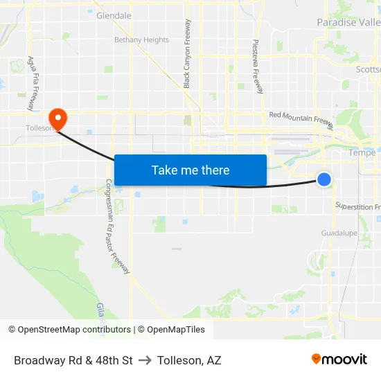 Broadway Rd & 48th St to Tolleson, AZ map