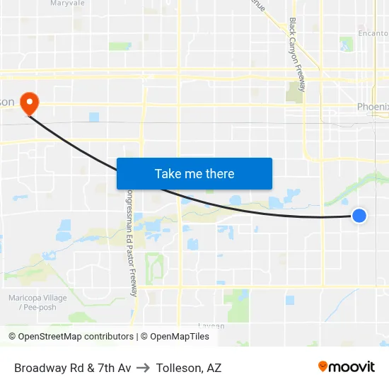 Broadway Rd & 7th Av to Tolleson, AZ map