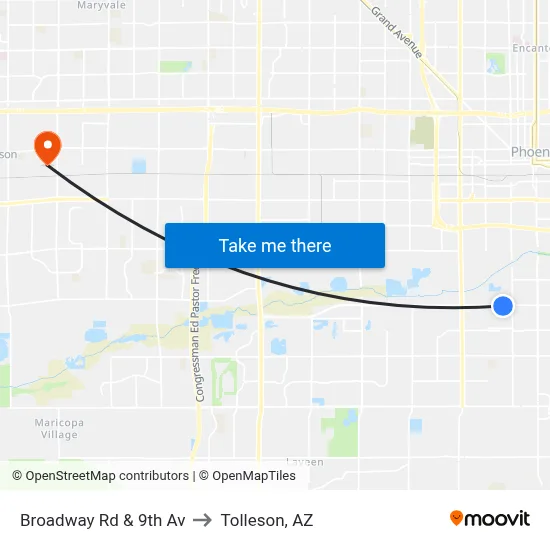 Broadway Rd & 9th Av to Tolleson, AZ map