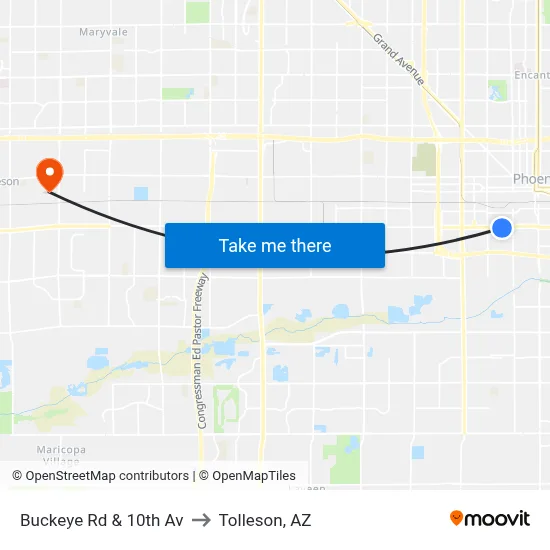 Buckeye Rd & 10th Av to Tolleson, AZ map