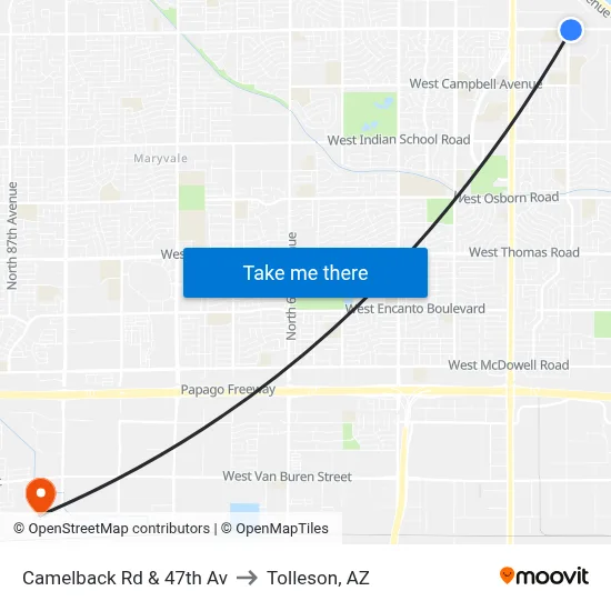 Camelback Rd & 47th Av to Tolleson, AZ map