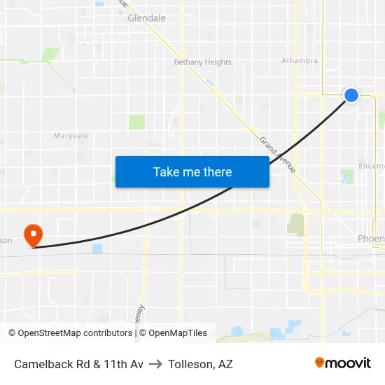 Camelback Rd & 11th Av to Tolleson, AZ map