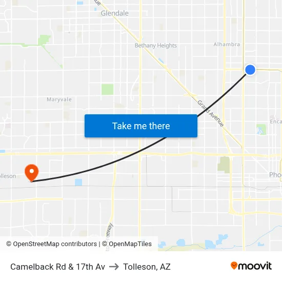Camelback Rd & 17th Av to Tolleson, AZ map