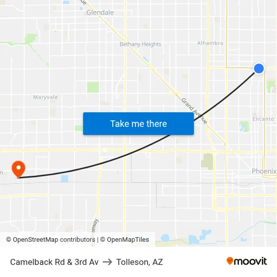 Camelback Rd & 3rd Av to Tolleson, AZ map