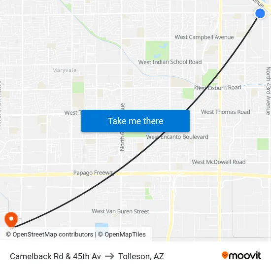 Camelback Rd & 45th Av to Tolleson, AZ map